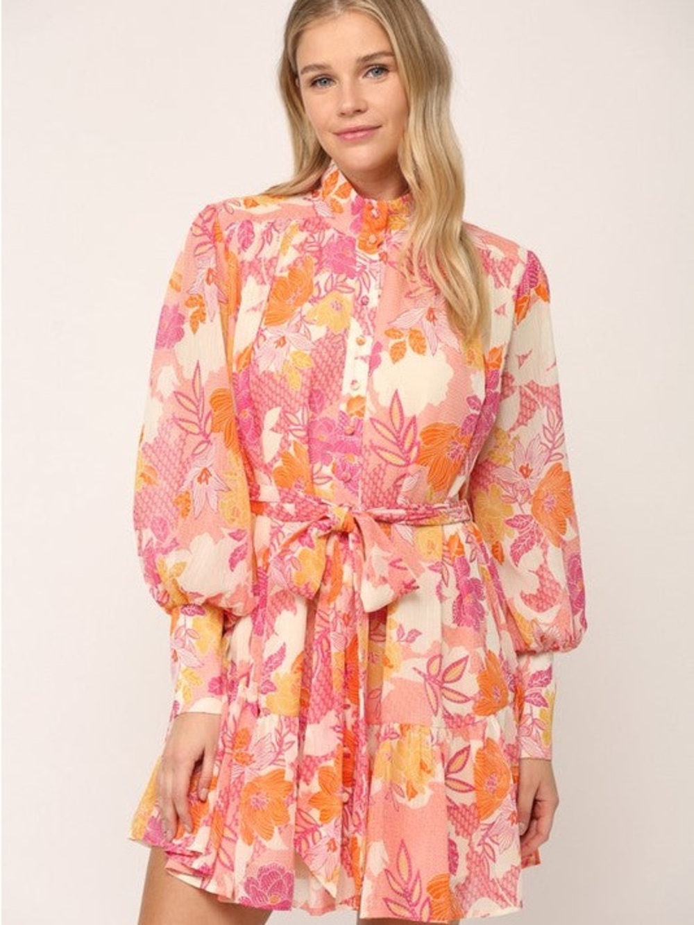 Fate Floral Long Sleeve Button-Up Ruffle Mini Dress – Pink – Size Small
